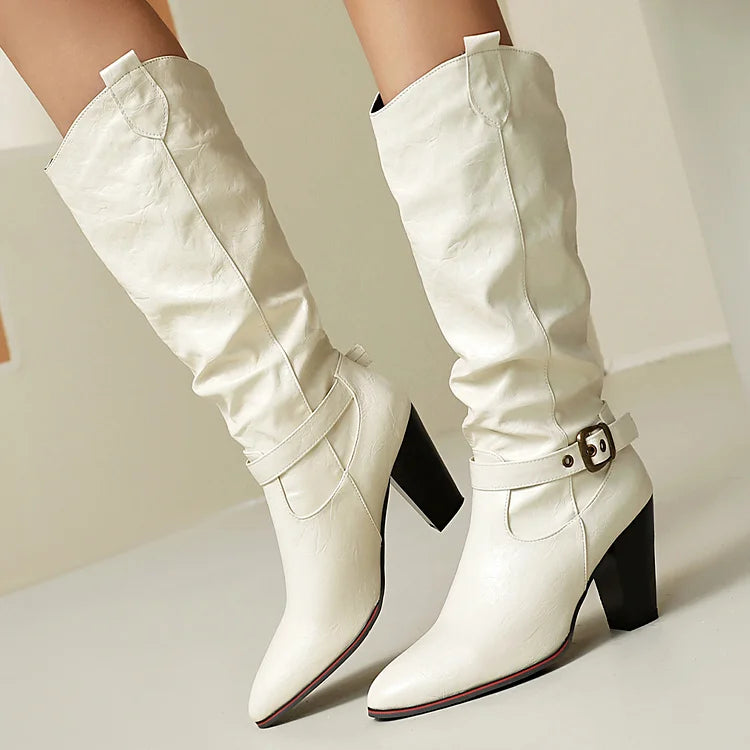 Pointed Toe Chunky Heel Strap Buckle Decor Solid Color Mid Calf Boots