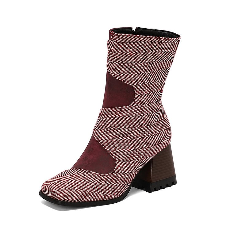 Snake Print Patchwork Square Toe Chunky Heel Mid Calf Boots