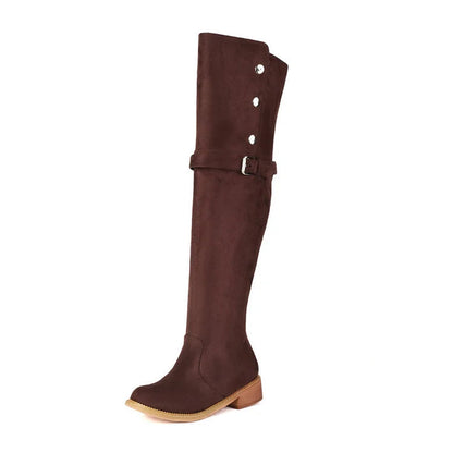 Metal Button Strap Buckle Decor Round Toe Over The Knee Boots