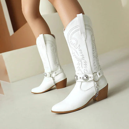 Embroidery O-Ring Chain Decor Pointed Toe Chunky Heel Mid Calf Boots