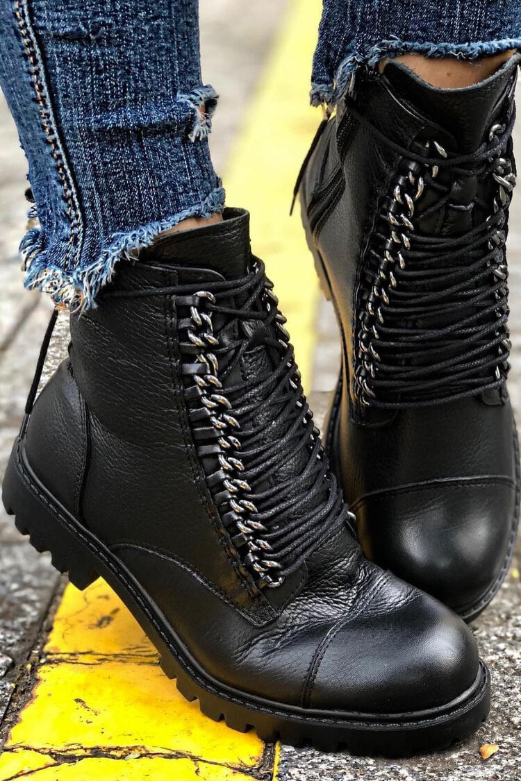 Black Leather Chain-Detail Lace-Up Ankle Boots [Pre Order]