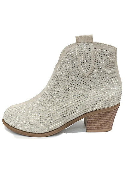 Rhinestone Decor V Cut Round Toe Chunky Heel Ankle Boots