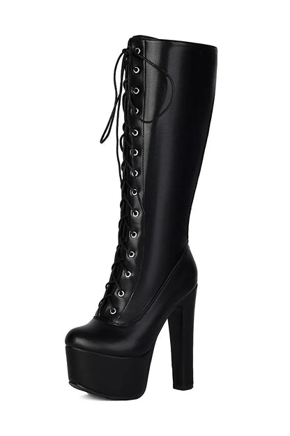 Round Toe Solid Color Lace Up Chunky Heel Platform Knee High Boots