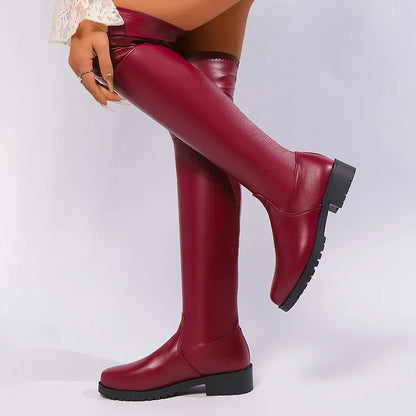 Solid Color Round Toe Patchwork Low Block Heel Over The Knee Boots