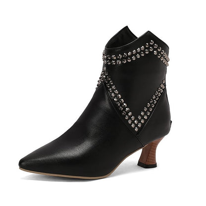 Colorblock Pattern Pointed Toe Rhinestone Decor Ankle Boots