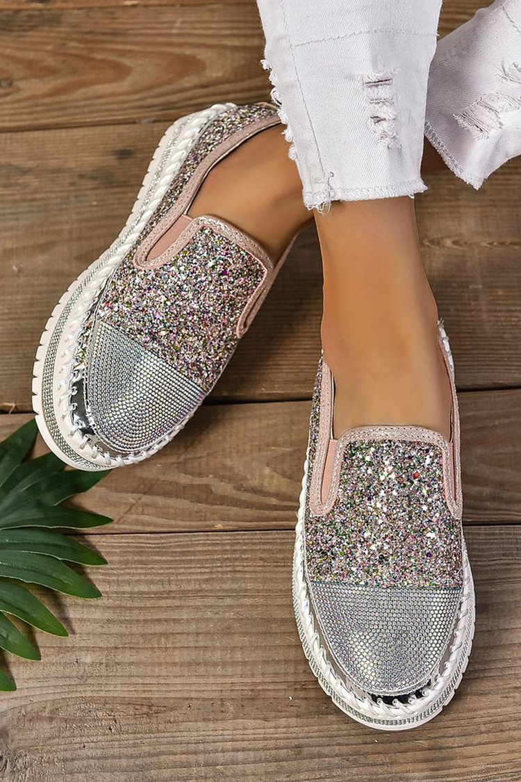 Rhinestone Decor Glittering Stitch Detail Round Toe Loafers