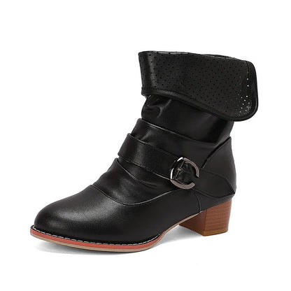 Colorblock Fold Patchwork Strap Buckle Chunky Heel Ankle Boots