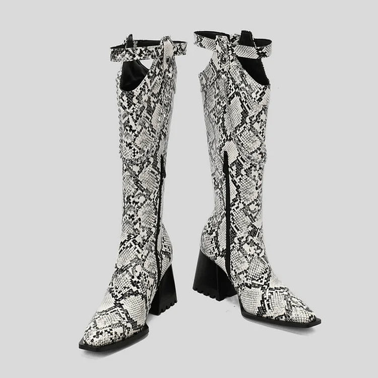 Chain Strap Buckle Decor Crocodile Print Pointed Toe Knee High Boots