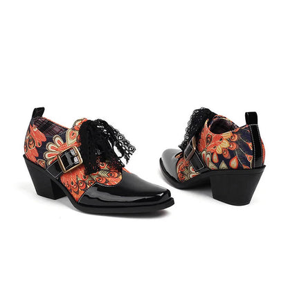 Roses Skull Print Patchwork Tied Up Lace Square Toe Chunky Heel Oxfords