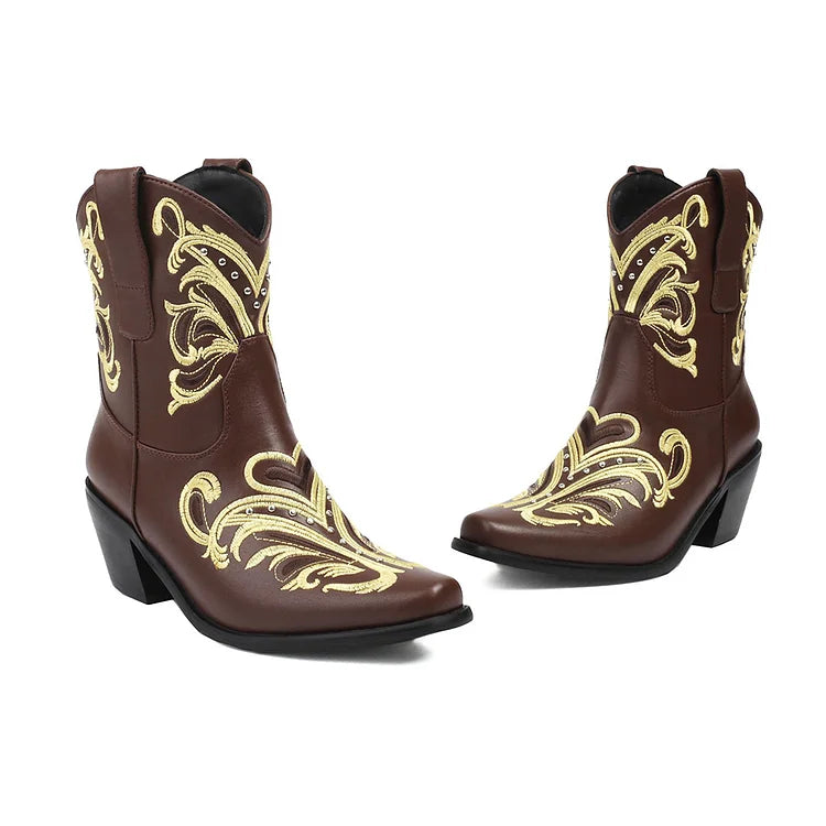 Embroidery Metallic Studded Square Toe Chunky Heel Western Boots