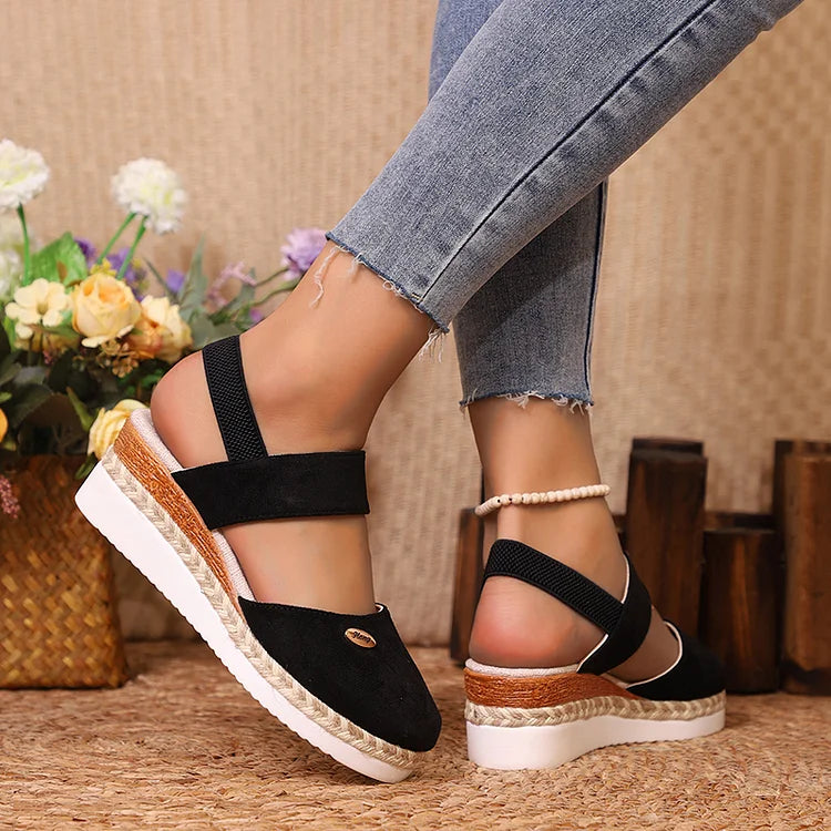 Metal Decor Slingback Strap Closed Toe Plain Espadrille Wedge Sandals