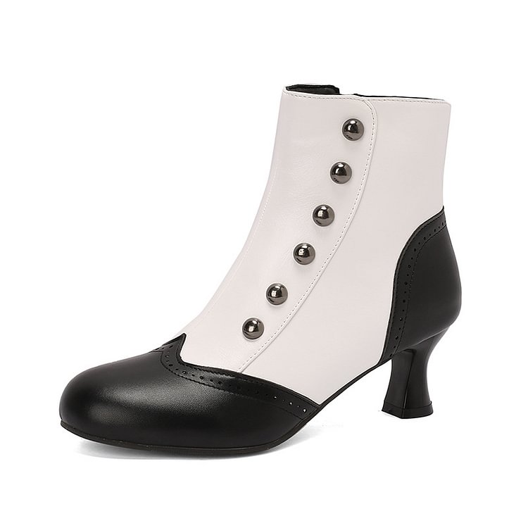 Colorblock Round Toe Metallic Studded Zipper Ankle Boots