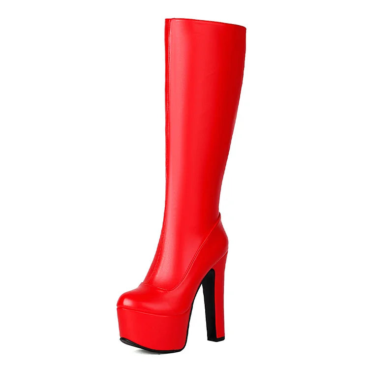 Zipper Solid Color Round Toe Chunky Heel Platform Knee High Boots