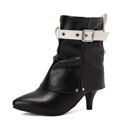 Colorblock Strap Buckle Fold Pointed Toe Stiletto Heel Ankle Boots