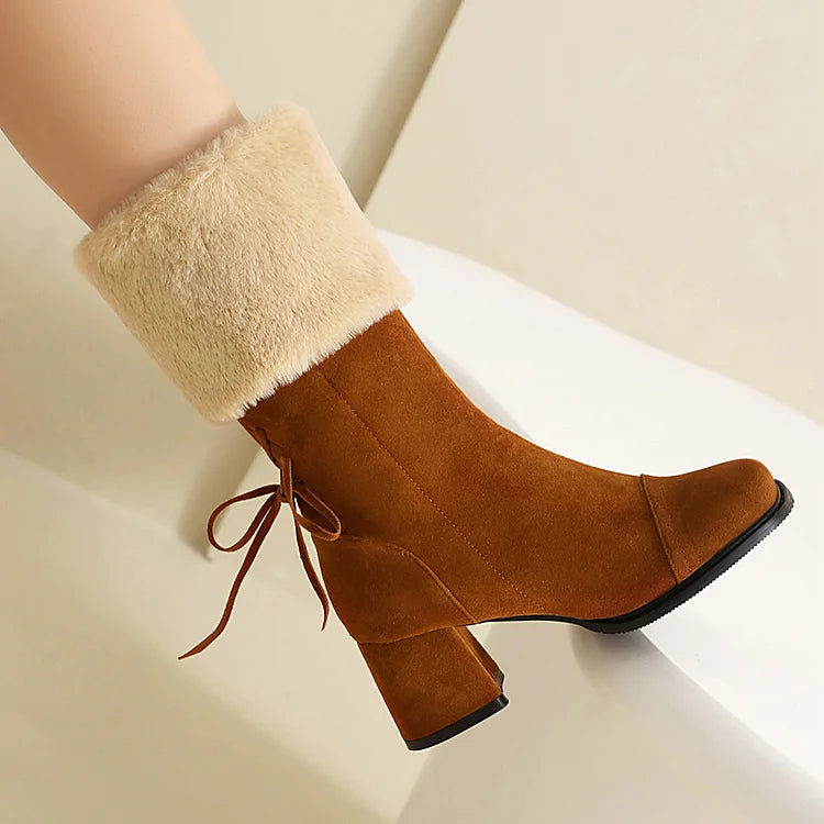 Christmas Colorblock Fluffy Trim Lace Up Square Toe Chunky Heel Mid Boots