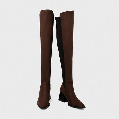 Colorblock Irregular Edge Pointed Toe Chunky Heel Over The Knee Boots