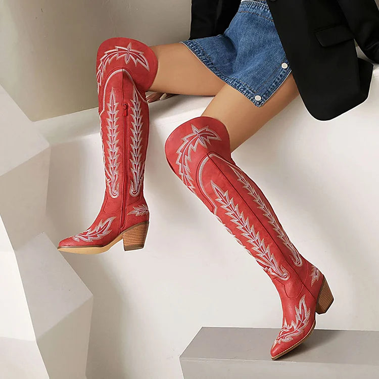 Embroidery V Cut Zipper Pointed Toe Chunky Heel Over The Knee Boots