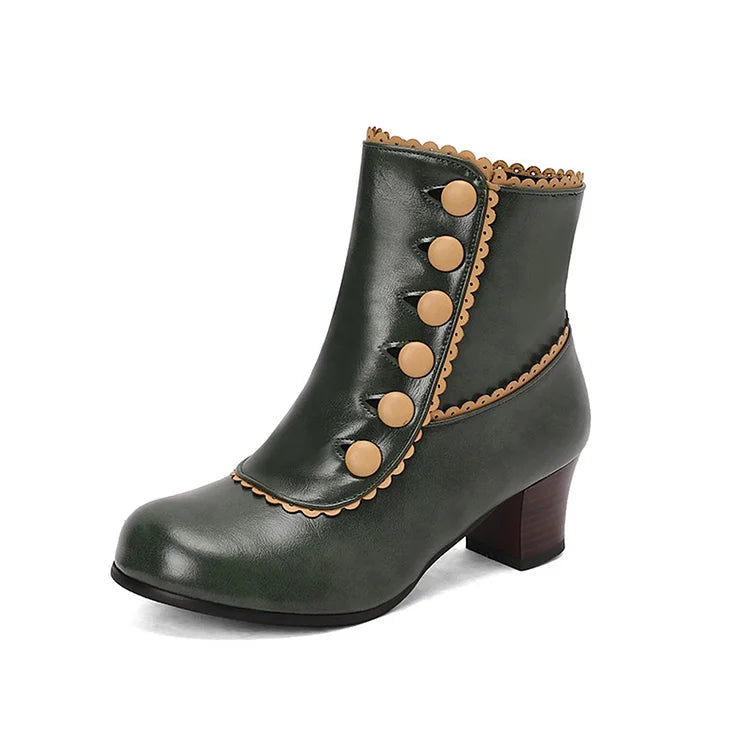 Buttons Colorblock Trim Round Toe Chunky Heel Ankle Boots