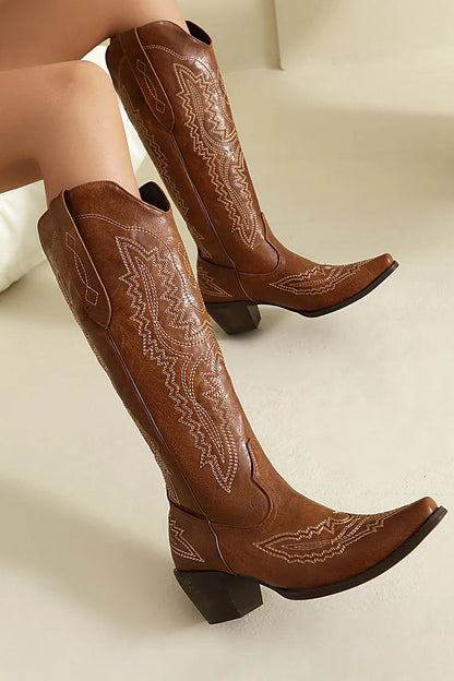 Pointed Toe Embroidery Patchwork Chunky Heel Pull On Western Boots