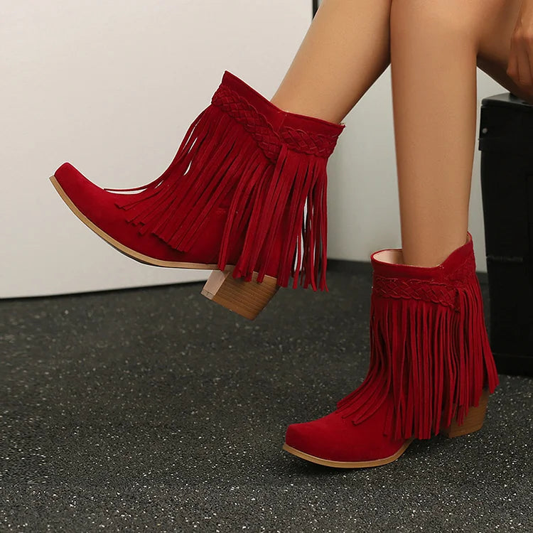 Pointed Toe Braided Fringed Trim Solid Color Chunky Heel Mid Boots