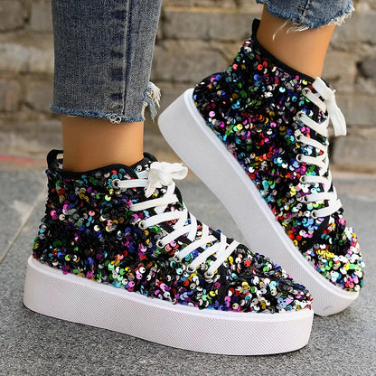 Glitter Sequins Lace Up Round Toe Fashion Casual Shoes