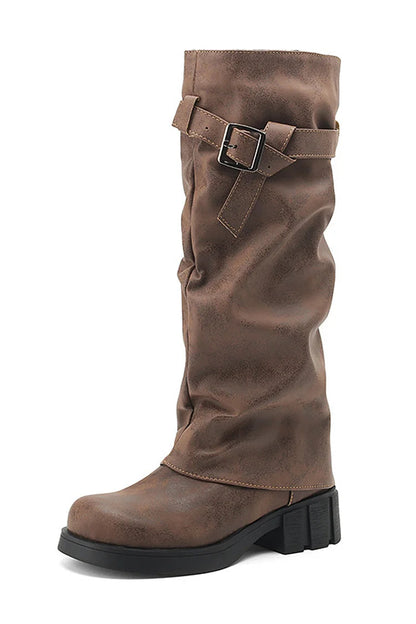 Strap Buckle Decor Fold Over Round Toe Chunky Heel Long Boots