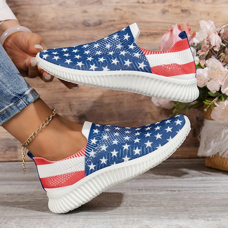 Striped Star Pattern Print Slip On Casual Lightweight Sneakers