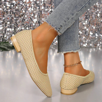 Rhinestone Decor Fishnet Patchwork Pointed Toe Flats