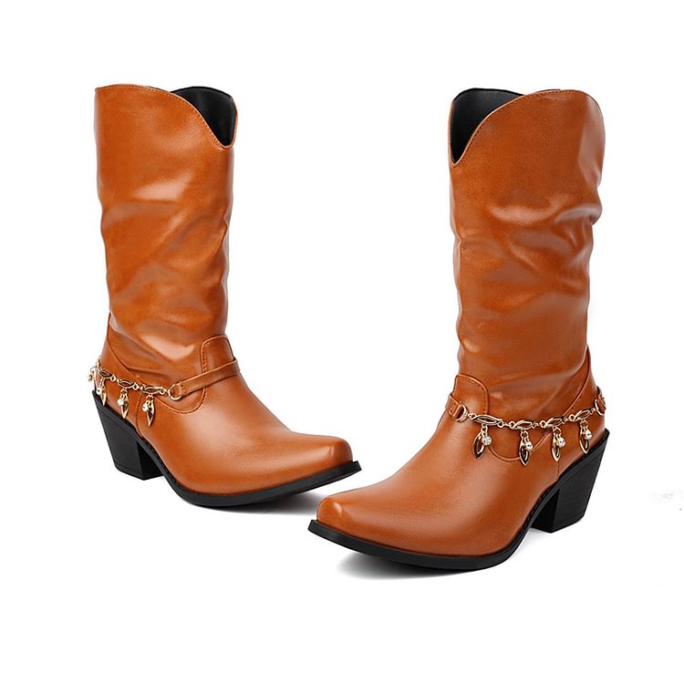 Metal Chain Decor Patchwork Square Toe Chunky Heel Mid Calf Boots