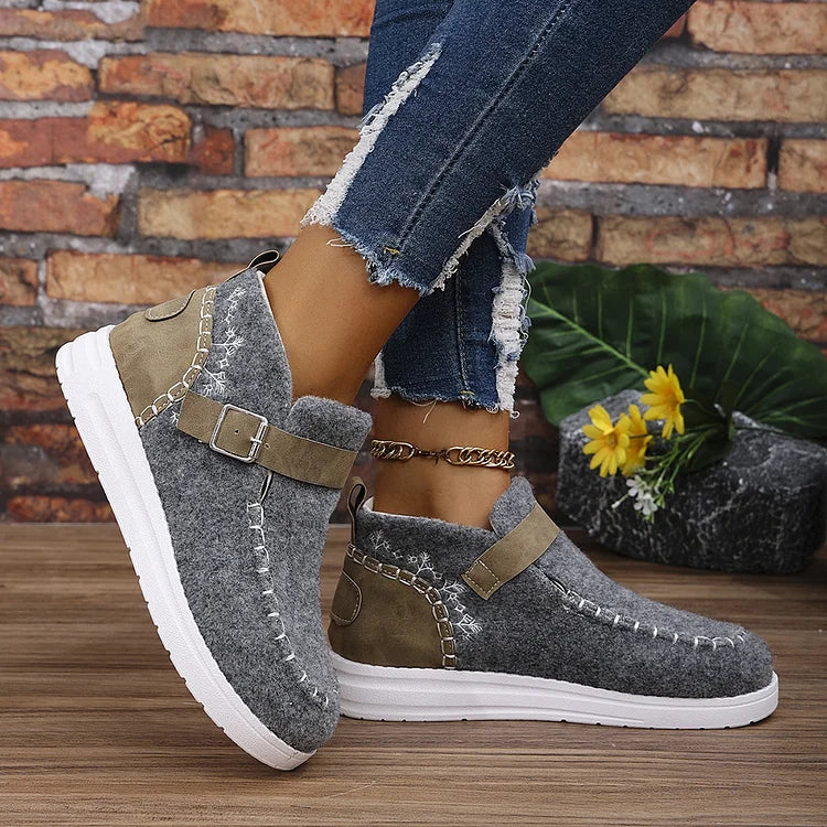 Colorblock Stitch Detail Patchwork Strap Buckle Round Toe Snow Boots