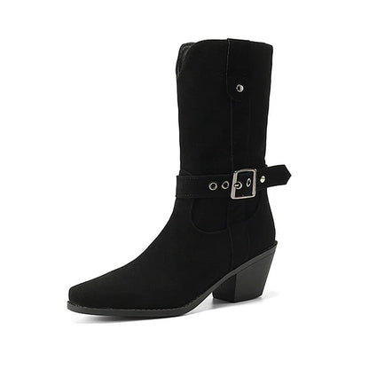 Patchwork Strap Buckle V Cut Square Toe Chunky Heel Mid Boots