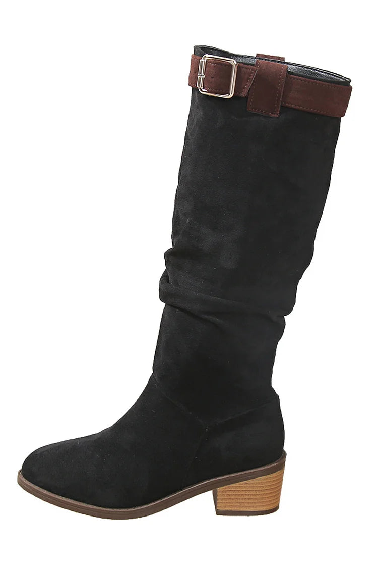 Colorblock Strap Buckle Decor Pointed Toe Chunky Heel Knee High Boots