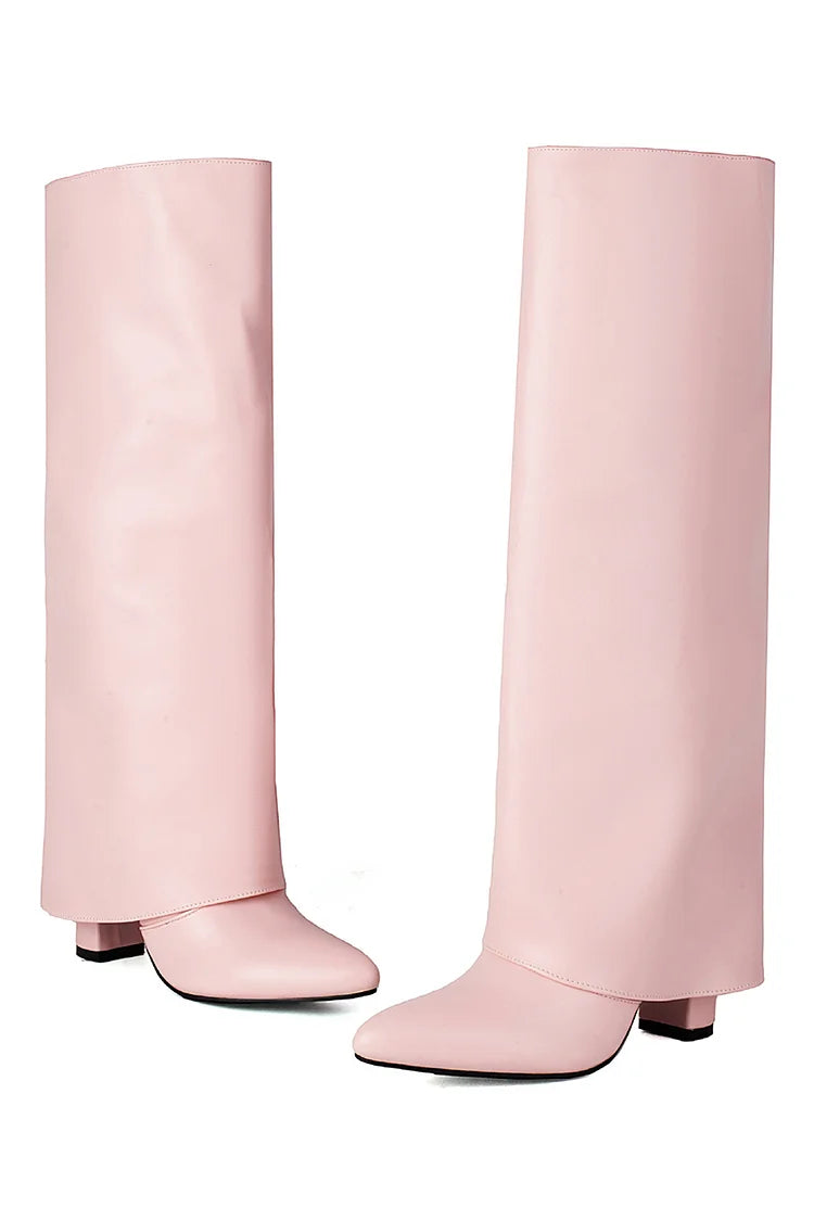 Fold Over Solid Color Pointed Toe Chunky Heel Knee High Boots