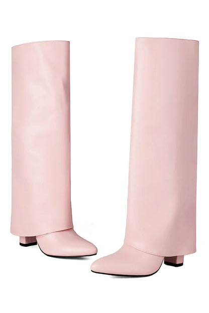 Fold Over Solid Color Pointed Toe Chunky Heel Knee High Boots