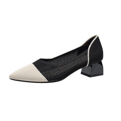 Knit Mesh Color Block Pointed Toe Elegant Chunky Heels