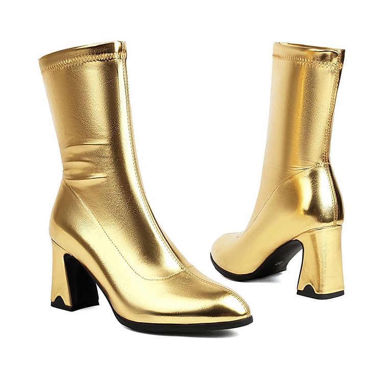 Metallic Sheen Solid Color Pointed Toe Chunky Heel Mid Calf Boots