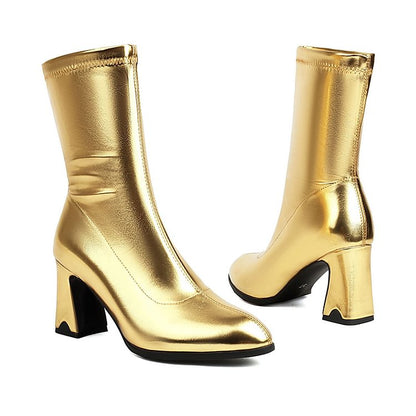 Metallic Sheen Solid Color Pointed Toe Chunky Heel Mid Calf Boots