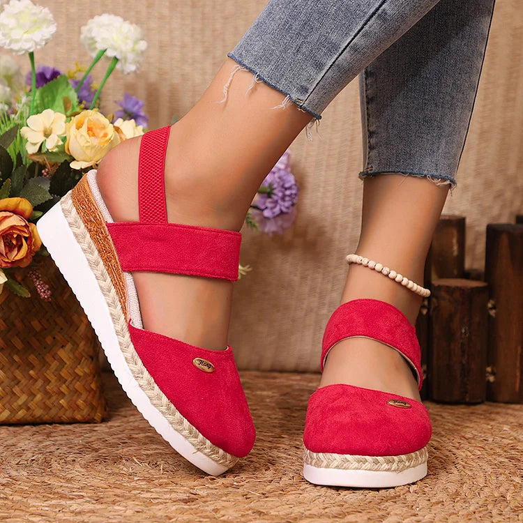 Metal Decor Slingback Strap Closed Toe Plain Espadrille Wedge Sandals