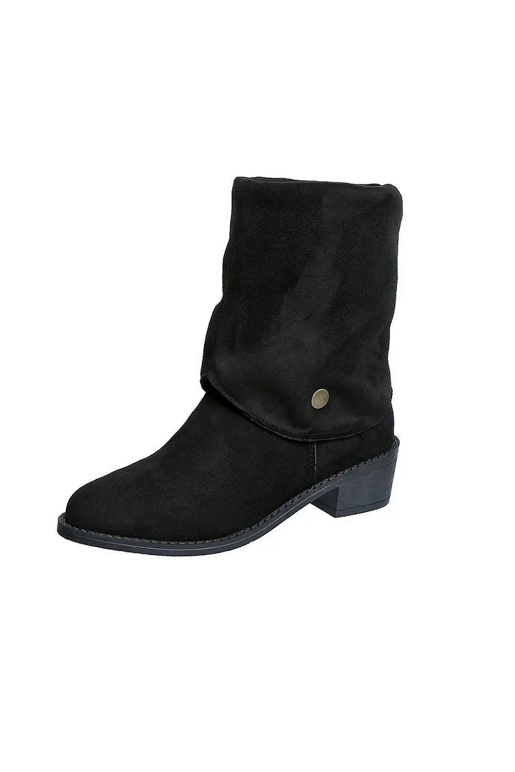 Fold Over Solid Color Pointed Toe Chunky Heel Mid Boots