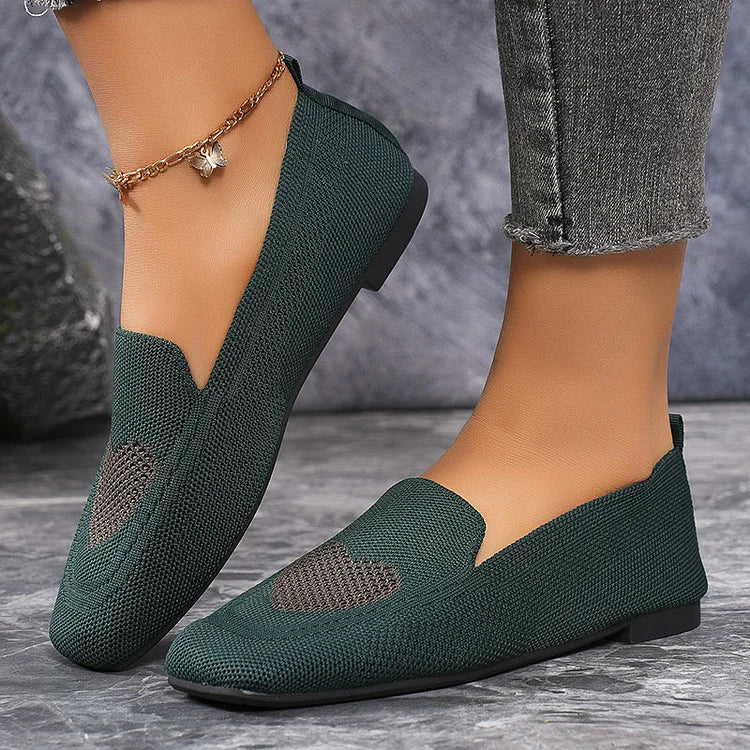 Heart Pattern Print Square Toe Slip On Knit Casual Flats