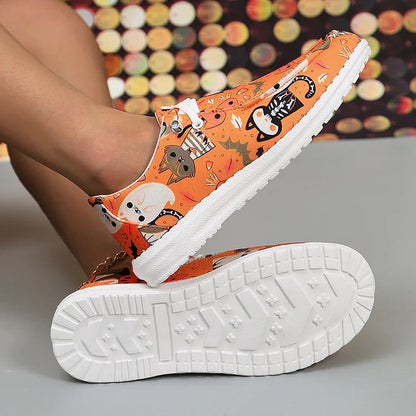 Halloween Element Pumpkin Ghost Skull Print Lace Up Canvas Casual Shoes