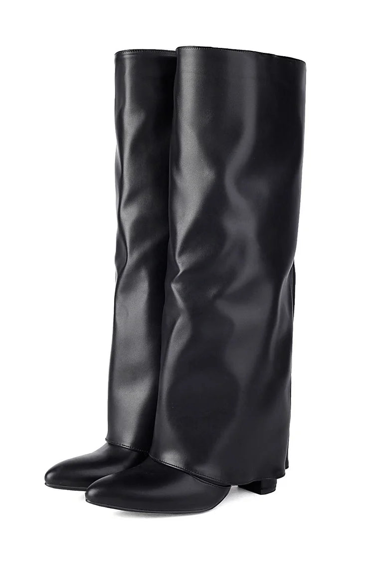 Fold Over Solid Color Pointed Toe Chunky Heel Knee High Boots