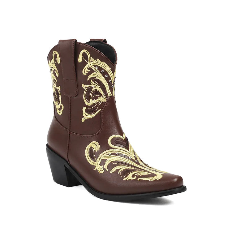 Embroidery Metallic Studded Square Toe Chunky Heel Western Boots