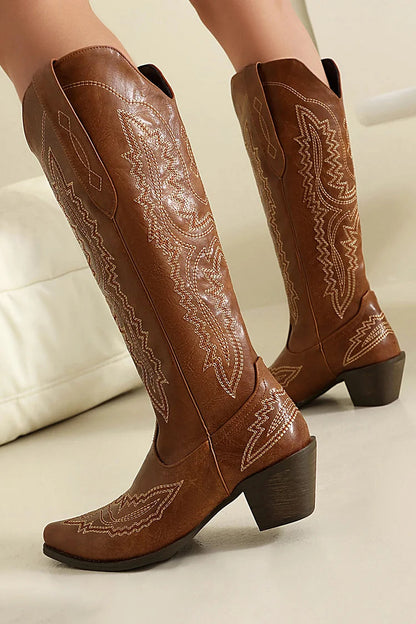 Pointed Toe Embroidery Patchwork Chunky Heel Pull On Western Boots