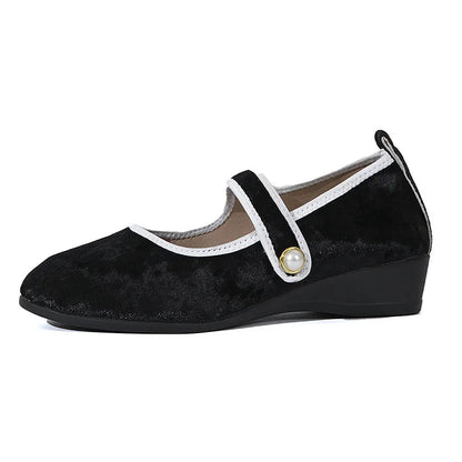 Contrast Trim Instep Strap Buckle Round Toe Velvet Flats