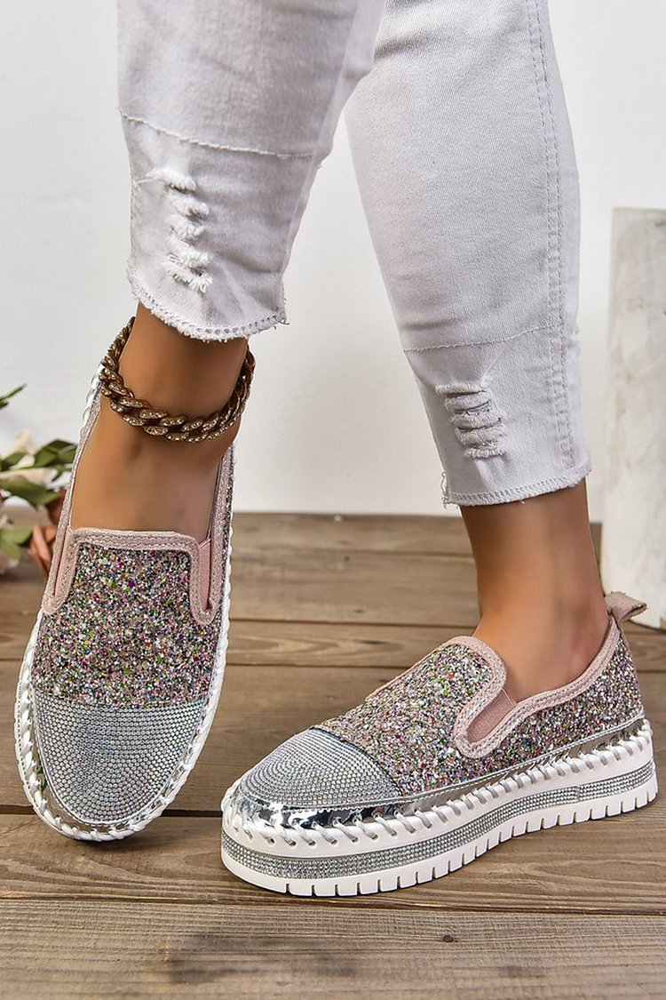 Rhinestone Decor Glittering Stitch Detail Round Toe Loafers