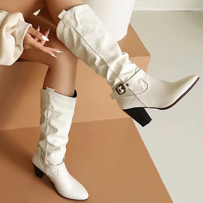 Pointed Toe Chunky Heel Strap Buckle Decor Solid Color Mid Calf Boots