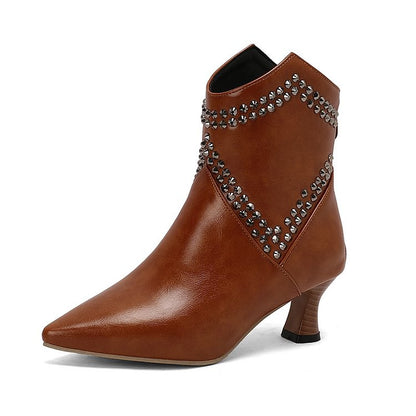 Colorblock Pattern Pointed Toe Rhinestone Decor Ankle Boots