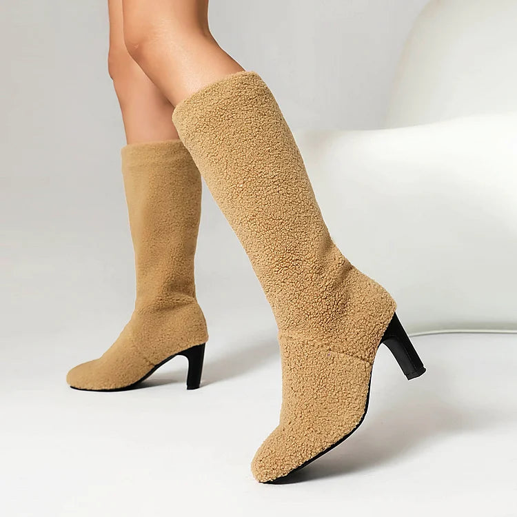 Round Toe Chunky Heel Solid Color Faux Fur Pull On Mid Calf Boots