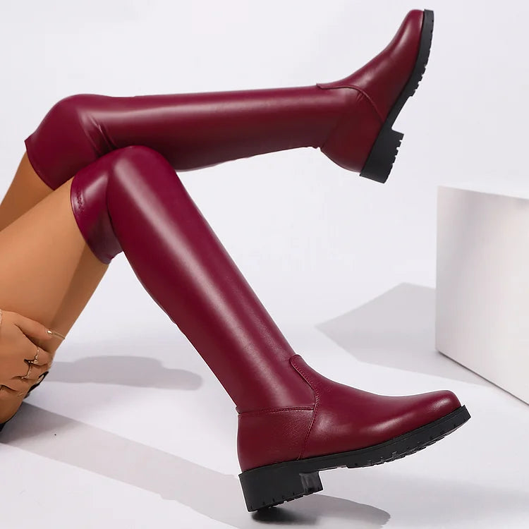 Solid Color Round Toe Patchwork Low Block Heel Over The Knee Boots